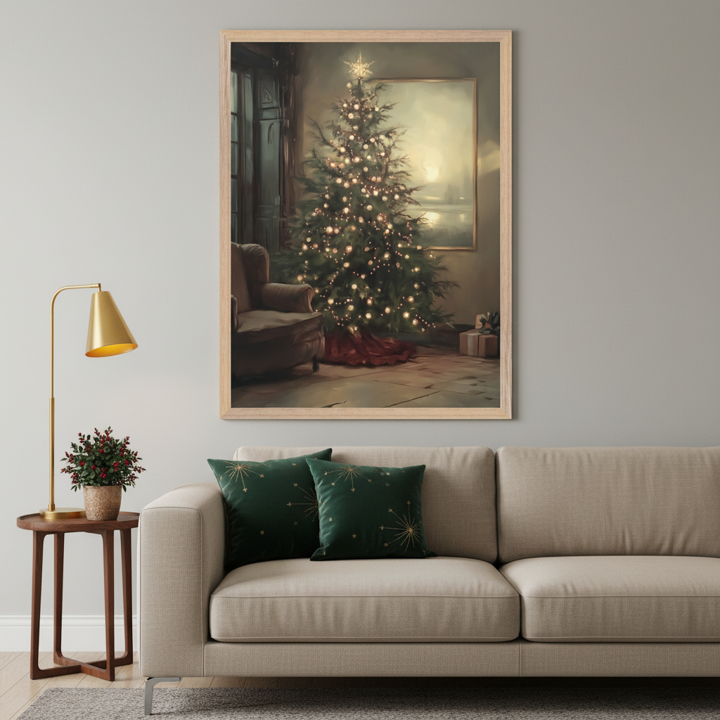 Living room with a light beige sofa, green pillows, and a wooden end table with a plant and gold lamp. Above the sofa, a large framed painting shows a brightly lit Christmas tree with a star topper, an armchair, and gifts, in a painterly style.