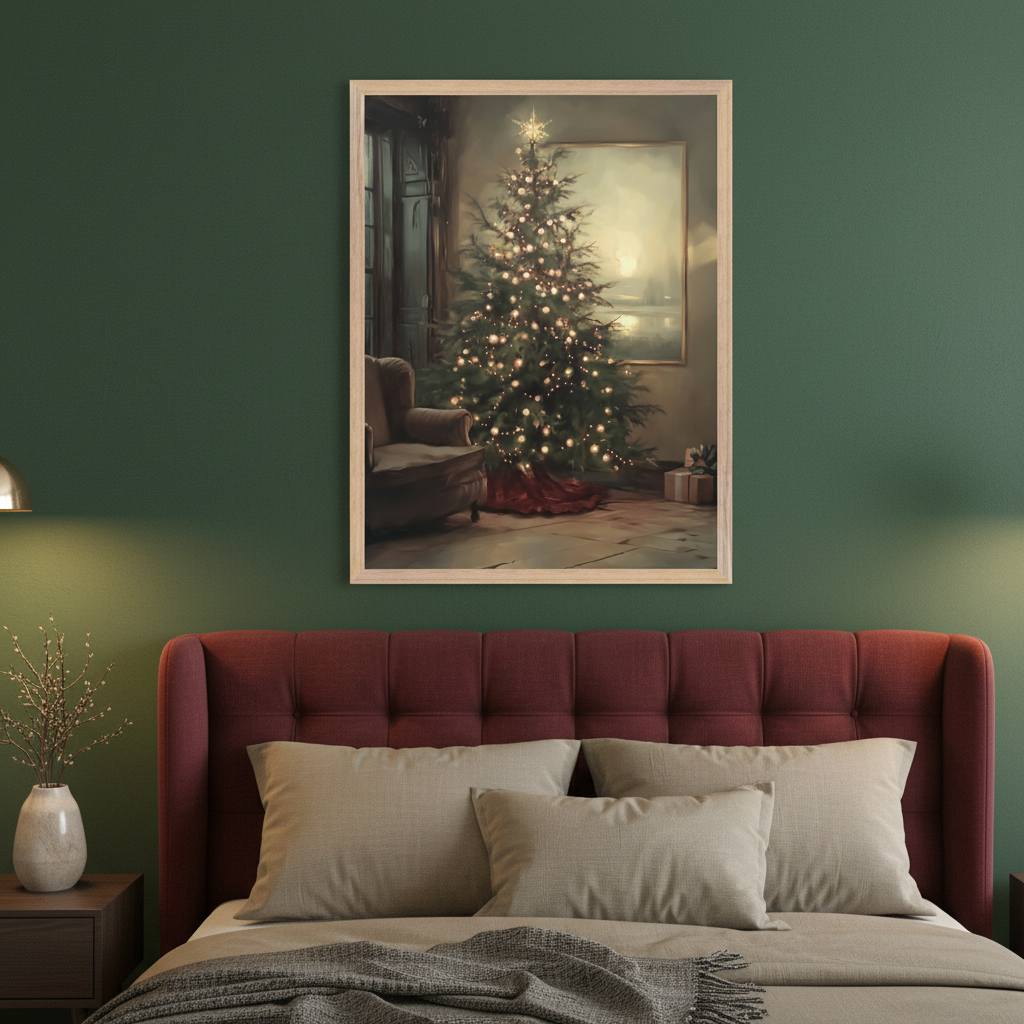 Bedroom with a reddish-brown tufted headboard bed. A large framed painting of a warmly lit Christmas tree with a star, an armchair, and gifts in a room, in a classical style, hangs centered above the bed.