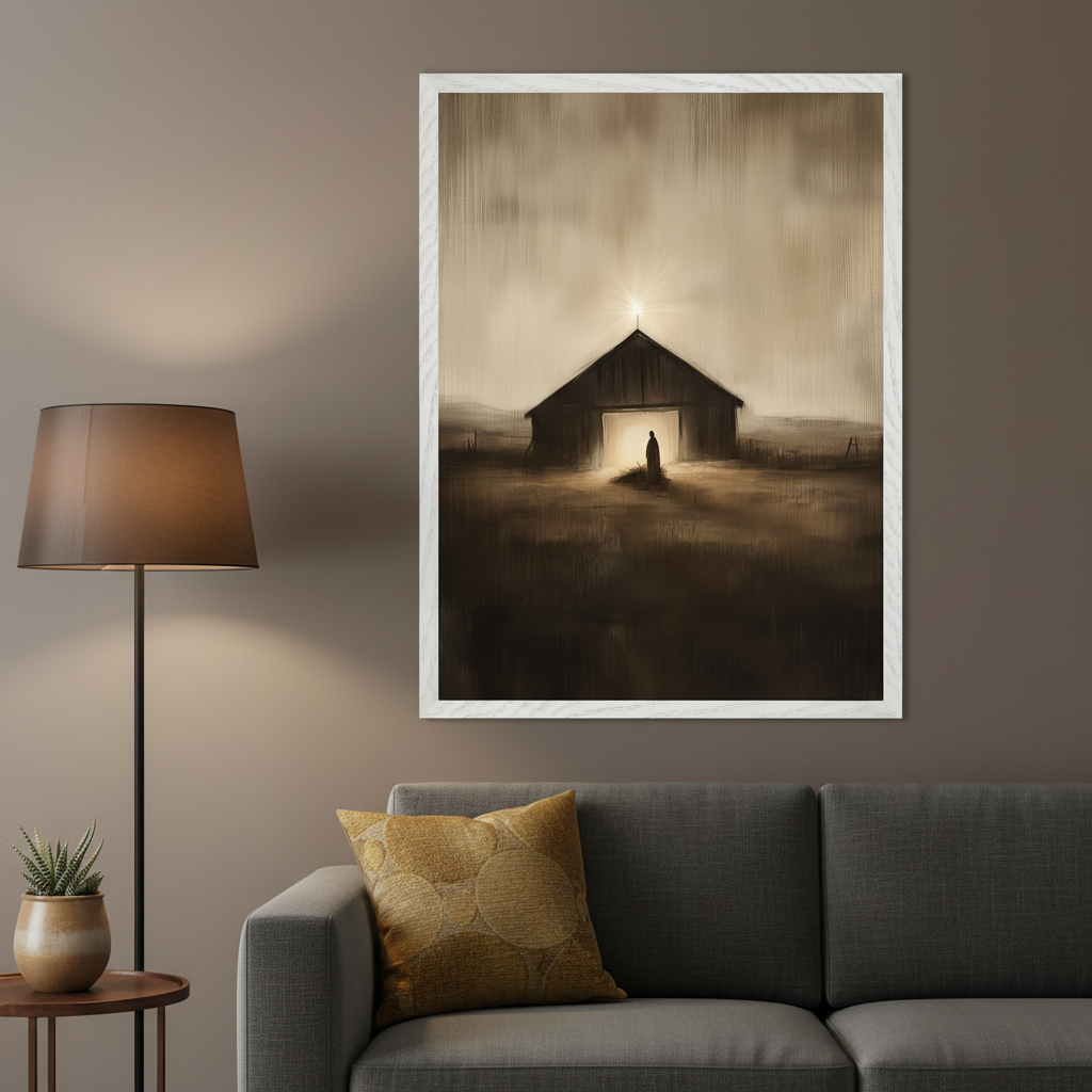 Modern living room with a dark gray sofa and floor lamp. A large framed painting hangs above the sofa, depicting a lone figure in a barn doorway under a bright star, rendered in sepia tones with vertical brushstrokes.