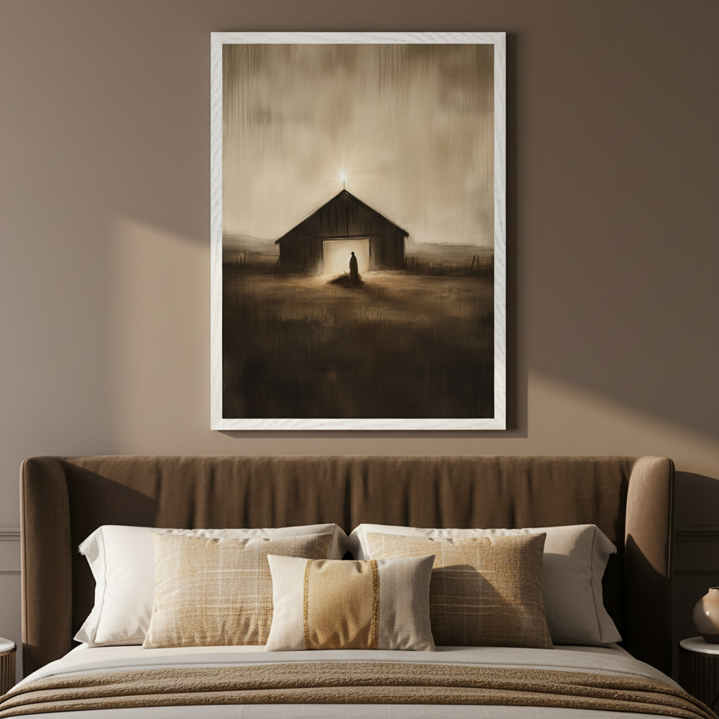 Bedroom with a brown upholstered bed and pillows. Centered above the bed hangs a large framed painting. The artwork shows a dark barn in a field with a glowing figure in the doorway and a bright star on the roof, in a sepia-toned, painterly style.