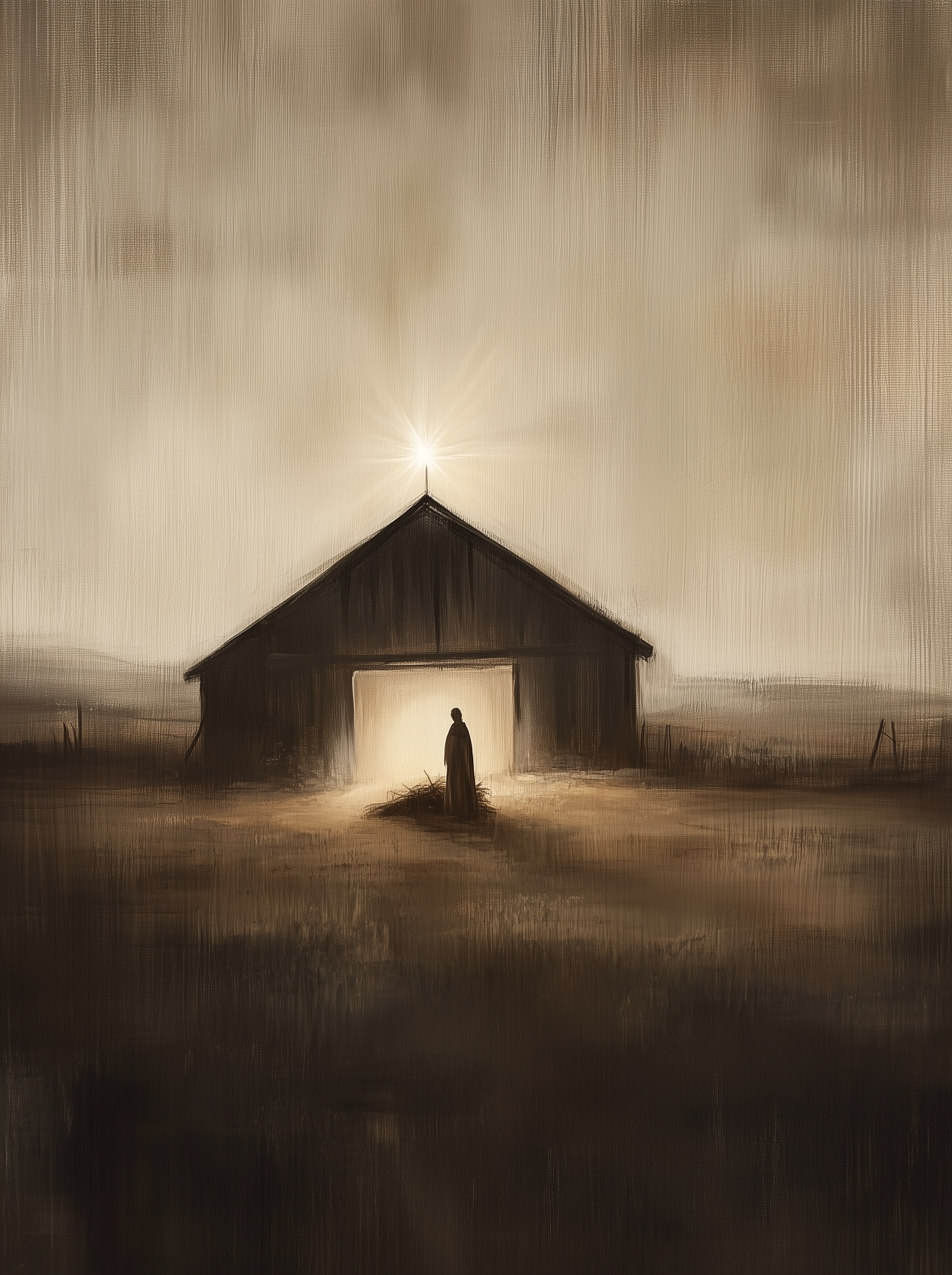 A silhouette of a figure standing at the entrance of a rustic stable under a glowing star in a muted, earthy landscape. Soft golden light spills from the stable, evoking the nativity scene and the birth of Christ.

