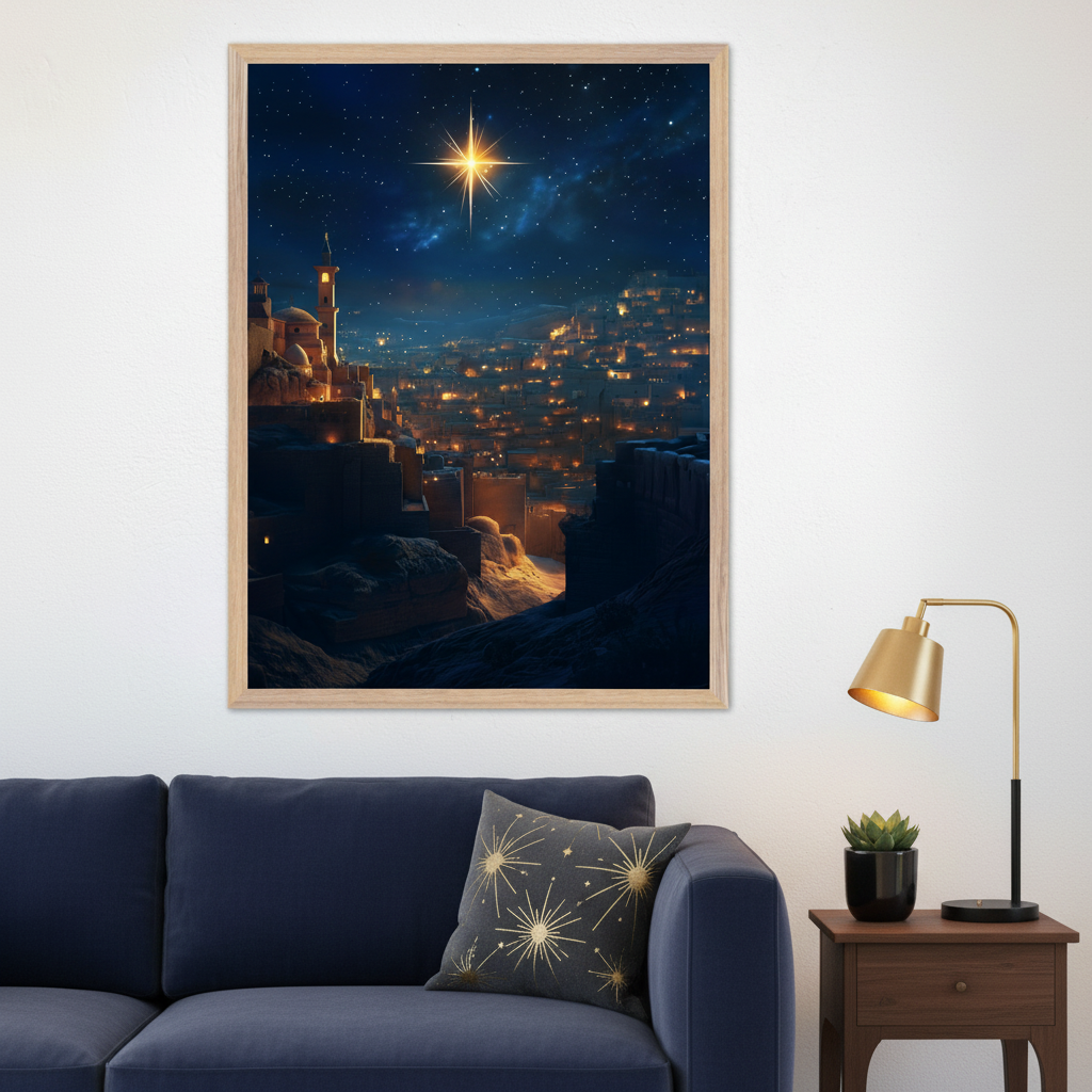 Living room with a dark blue sofa and a wooden side table. A large framed print of a night scene showing an ancient city with glowing lights under a starry sky with a bright star hangs centered above the sofa.