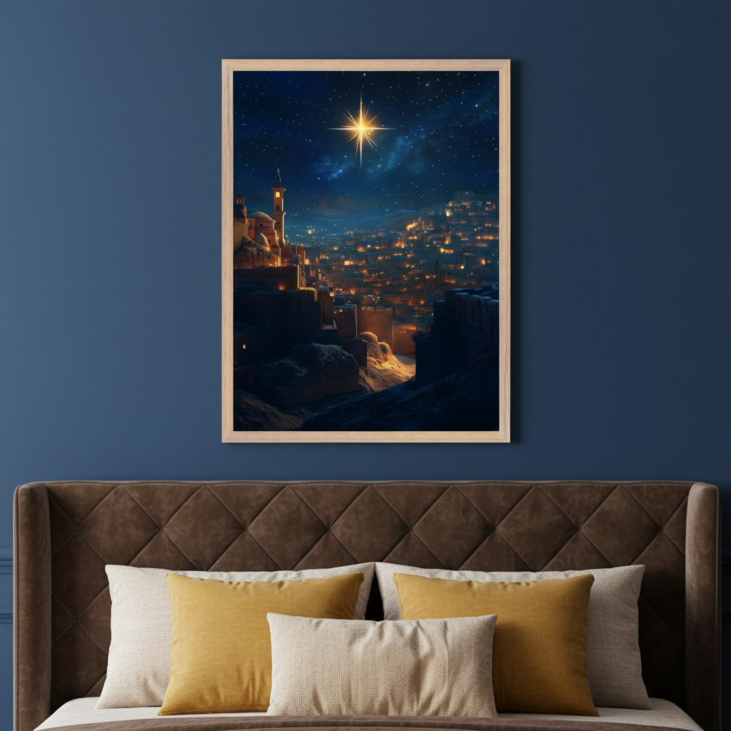 Modern bedroom with a dark blue wall. A brown quilted bed with beige and yellow pillows is visible. Above the bed, a framed print shows a city at night under a starry sky with a prominent bright star.