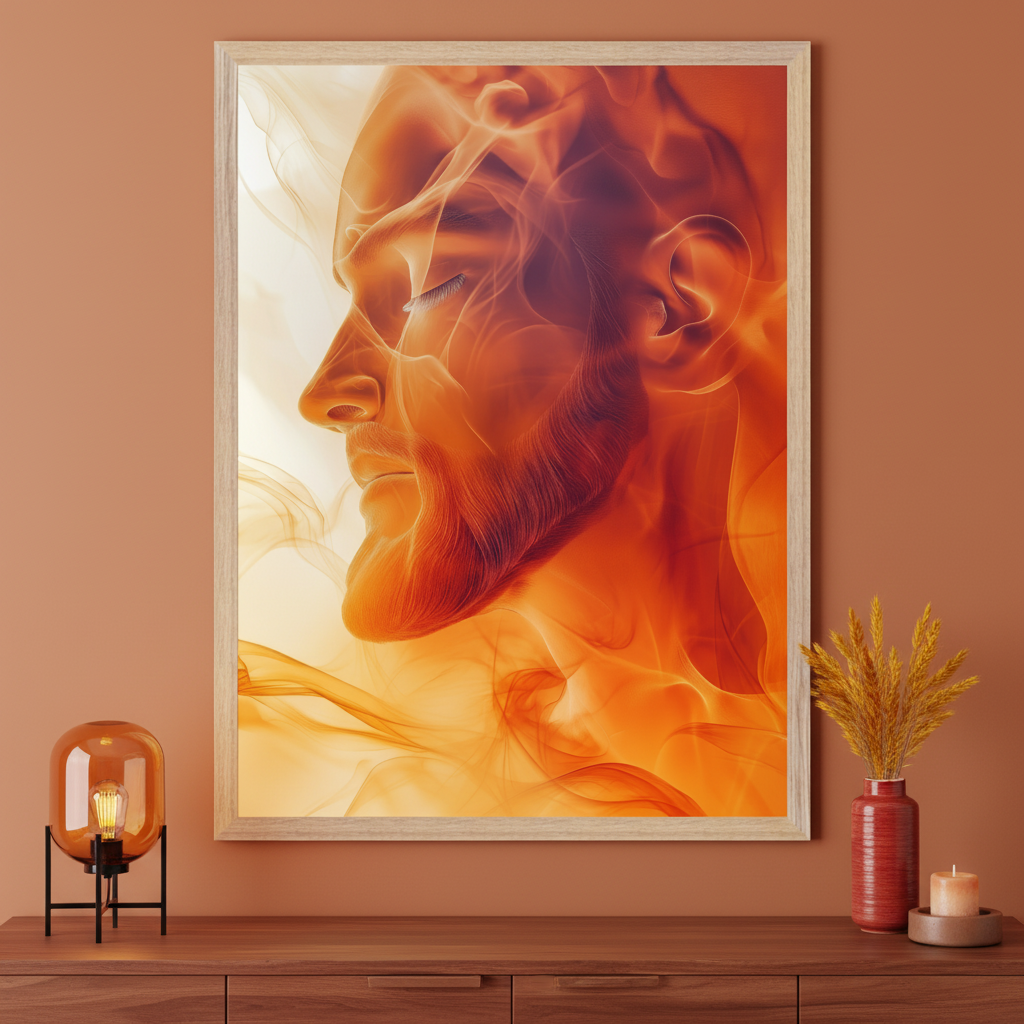 Modern living room with a wooden console table. A large framed print of a man's profile, composed of orange and red smoke, hangs centered above the table. On the table are a glass lamp and a red vase with dried wheat.