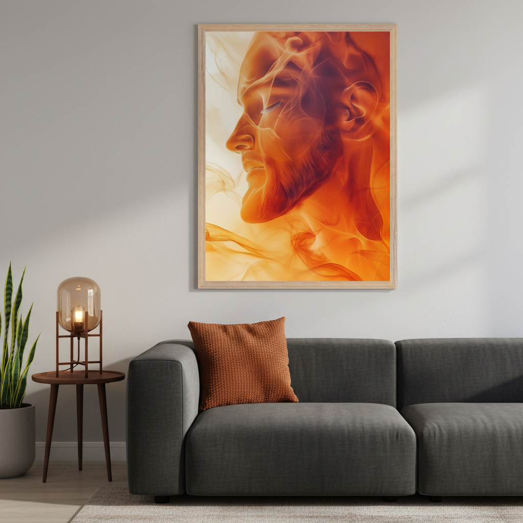Modern living room with a dark gray modular sofa and a round wooden side table. A large framed print of a man's profile in swirling orange and yellow smoke hangs above the sofa.