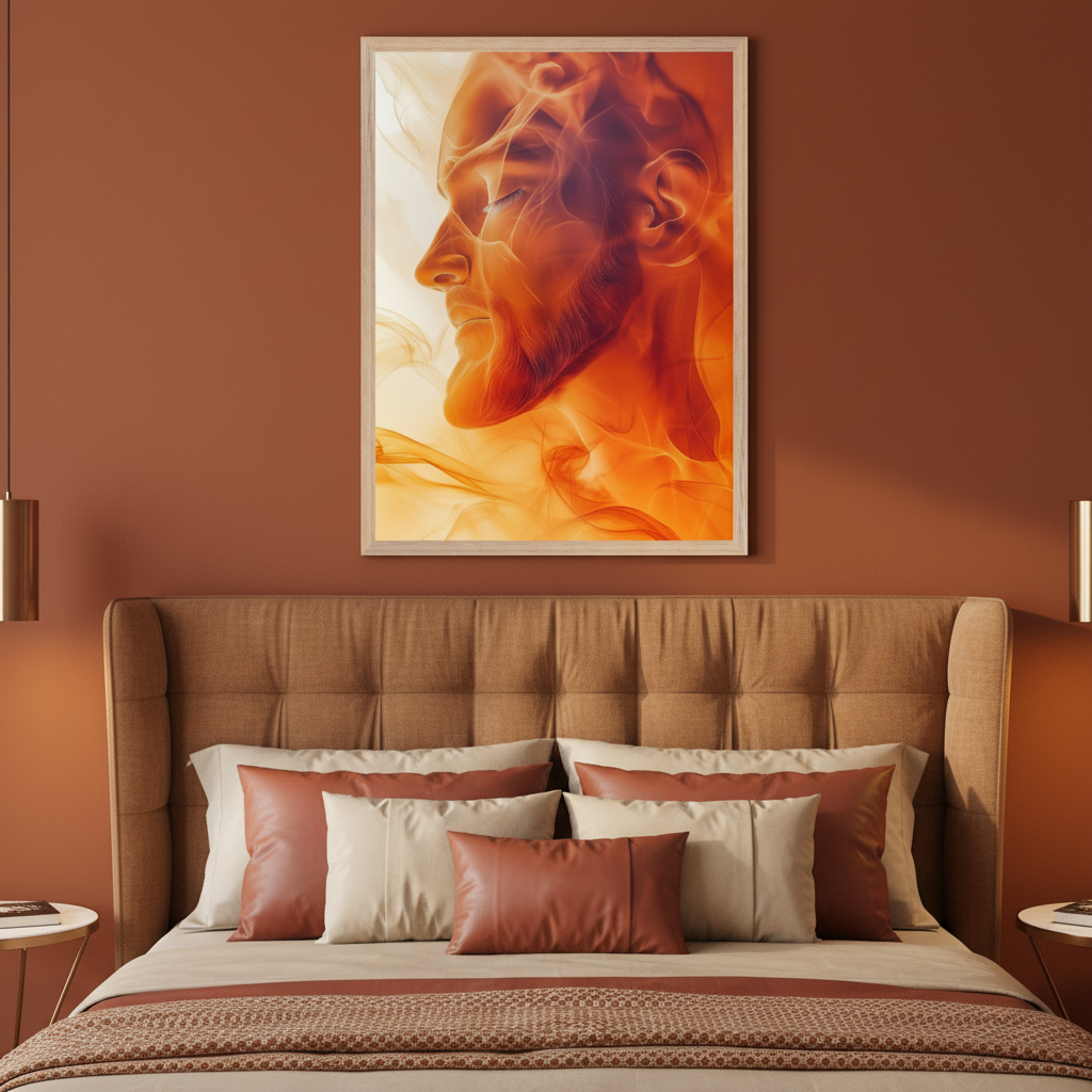 Modern bedroom with a brown upholstered bed. A framed artwork of a man's profile, eyes closed, surrounded by orange and yellow swirling smoke-like patterns, hangs centered above the bed.