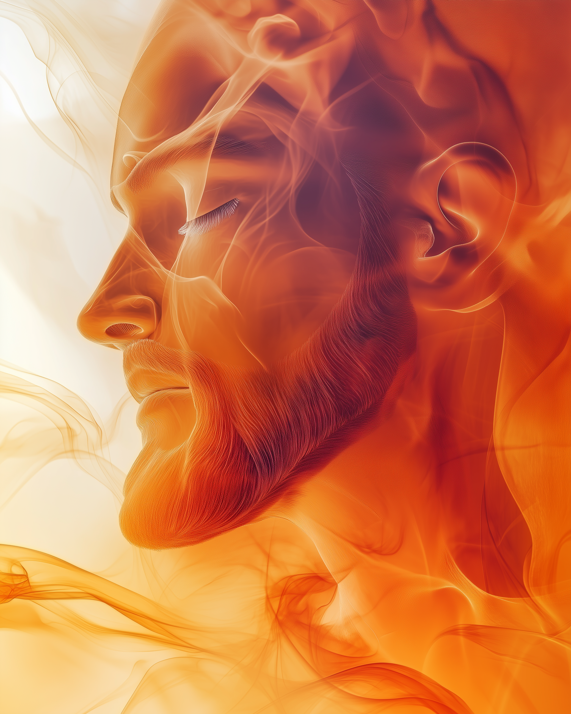 A stylized side profile of a man's face, interpreted as Jesus, formed in flowing orange and gold wisps. The abstract design evokes warmth, spirit, and peaceful introspection.
