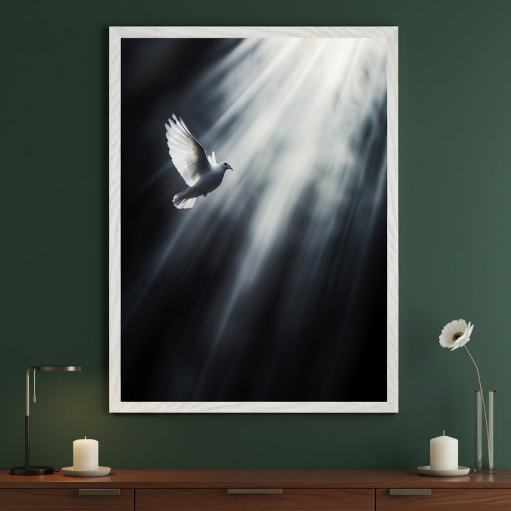 Modern room with a dark wooden dresser. A large framed print featuring a white dove flying through bright light rays against a dark background hangs centered above the dresser. A lamp and candle are on the left, a flower and candle on the right.