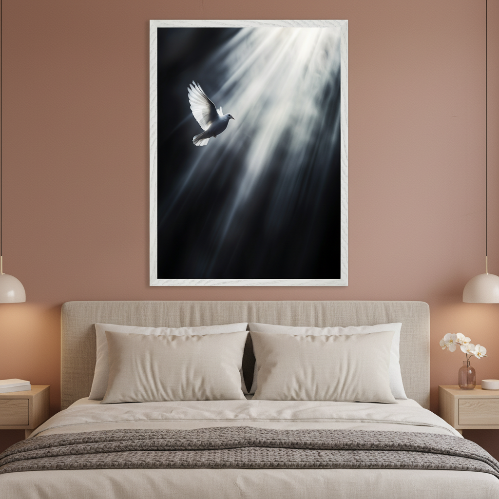 Modern bedroom with a beige upholstered bed and light bedding. A framed print of a white dove flying upwards through bright light rays against a dark background hangs centered above the bed.