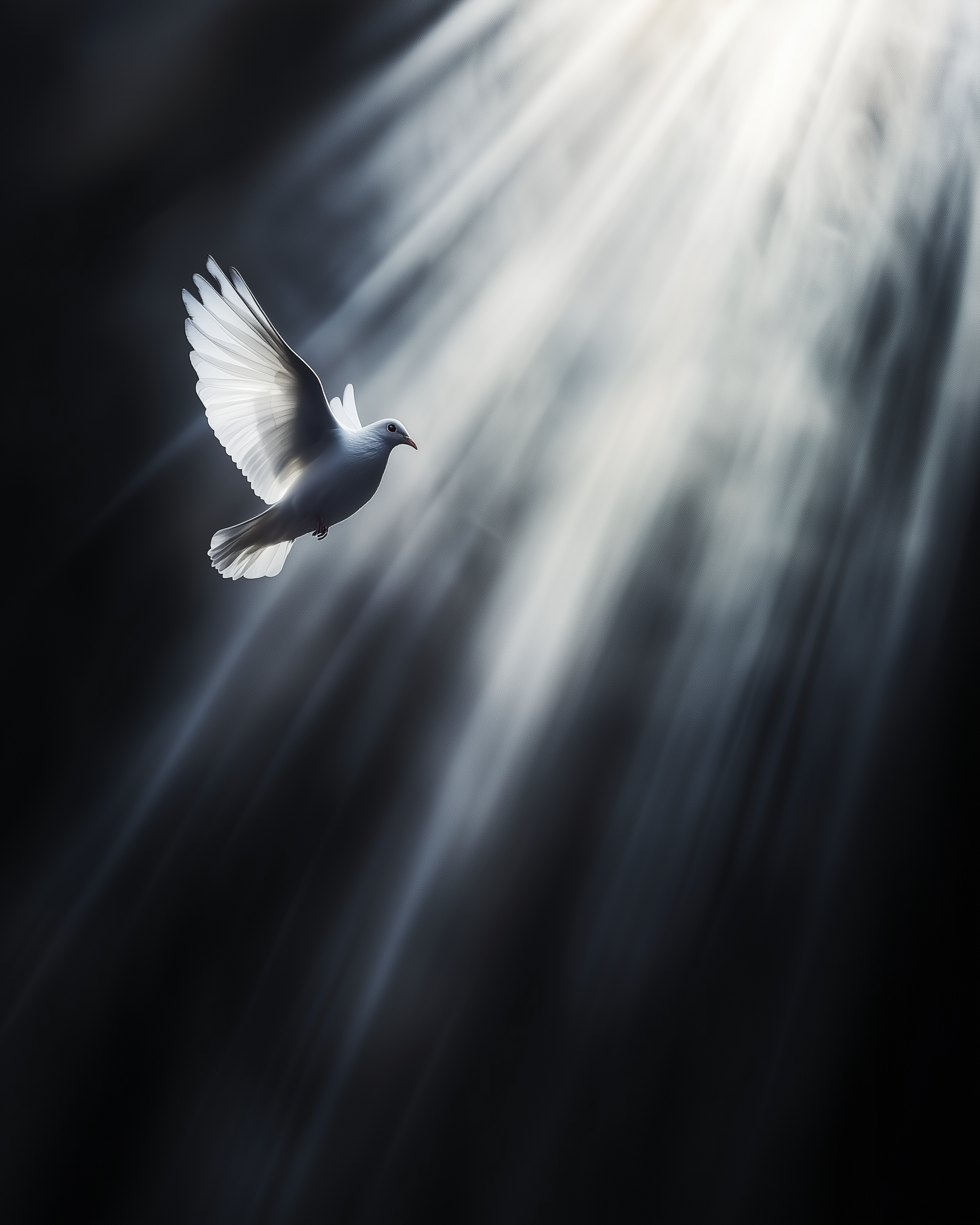 A white dove soars gracefully through beams of heavenly light against a dark, misty background. The image symbolizes peace, purity, and spiritual presence.
