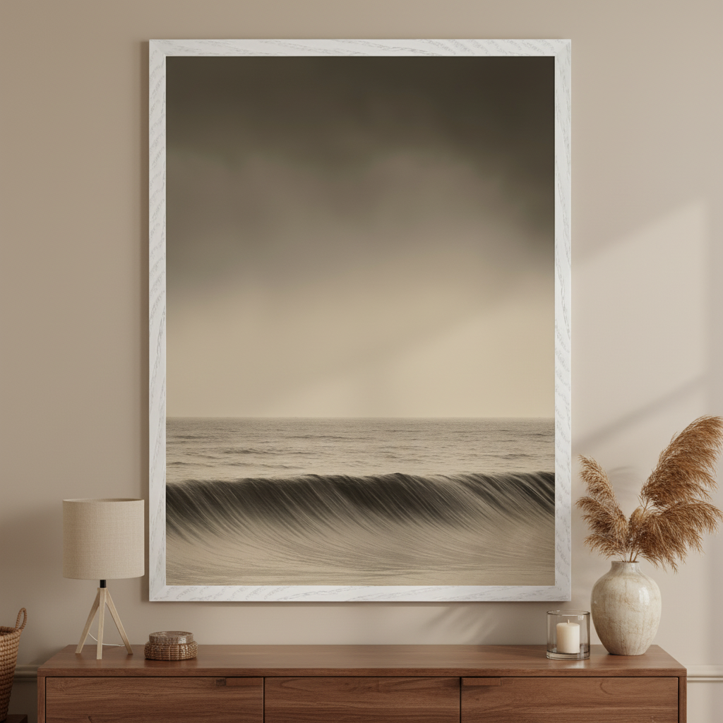 Modern room with a dark wood dresser. A large, white-framed, vertical monochromatic print of a curling ocean wave under an overcast sky hangs centered above the dresser.