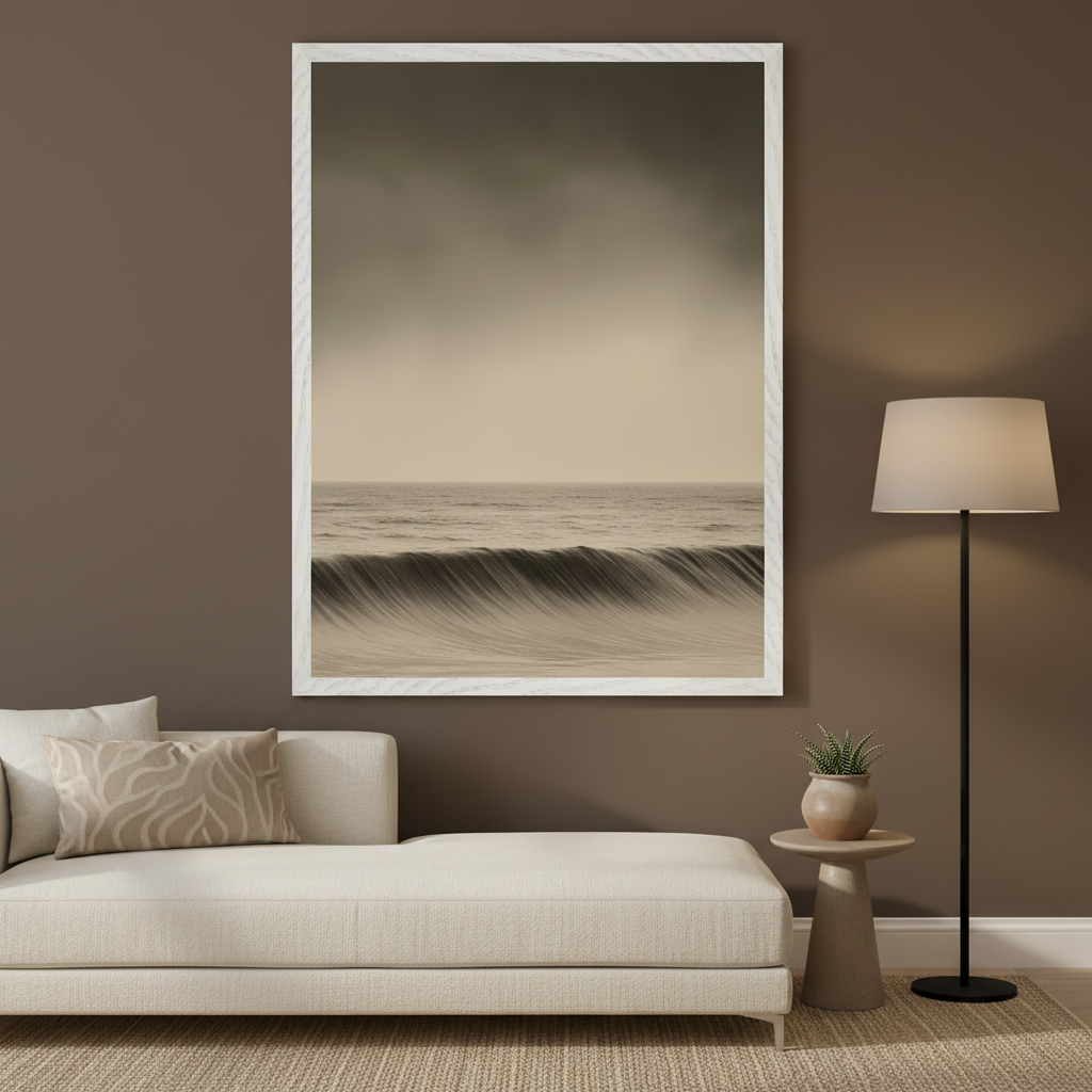 Modern living room with a beige chaise lounge sofa. A large framed sepia-toned photograph of a breaking ocean wave under a cloudy sky hangs centered above the sofa. A floor lamp and side table with a plant are to the right.