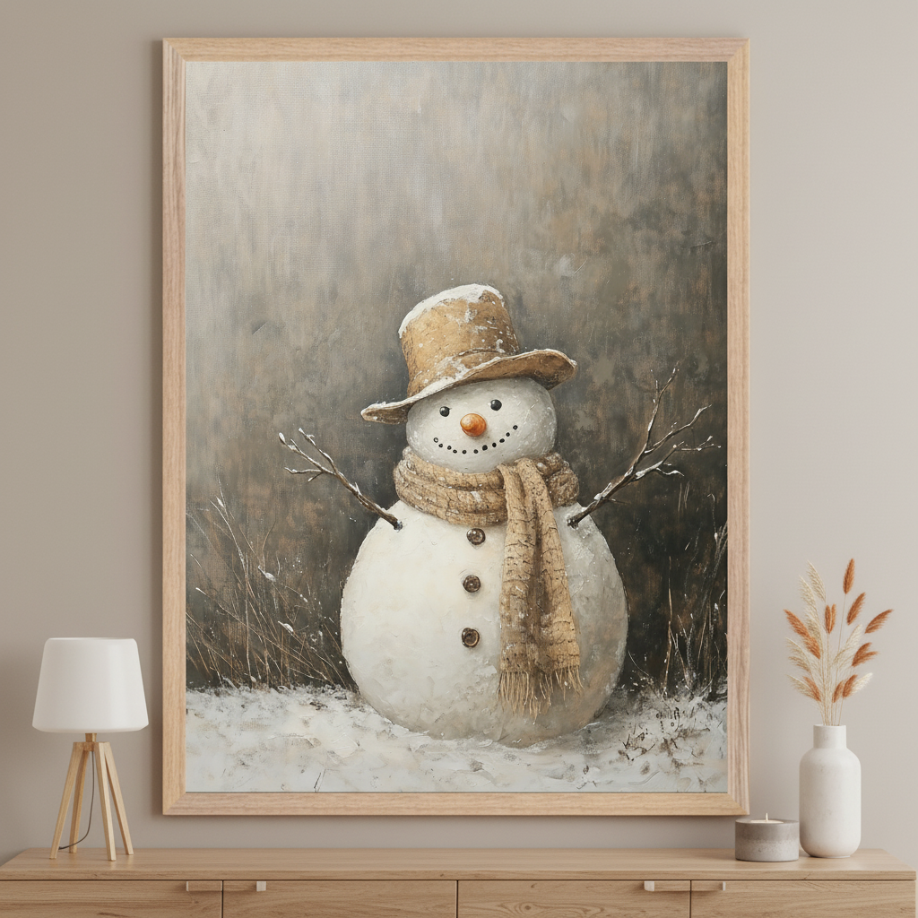 Modern living room with a light wooden console table. A large, light wood-framed oil painting of a snowman wearing a hat and scarf stands centered above the table, in a snowy field with a muted, textured background.