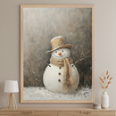 Modern living room with a light wooden console table. A large, light wood-framed oil painting of a snowman wearing a hat and scarf stands centered above the table, in a snowy field with a muted, textured background.