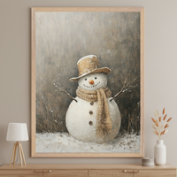 Modern living room with a light wooden console table. A large, light wood-framed oil painting of a snowman wearing a hat and scarf stands centered above the table, in a snowy field with a muted, textured background.