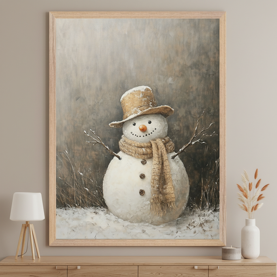 Modern living room with a light wooden console table. A large, light wood-framed oil painting of a snowman wearing a hat and scarf stands centered above the table, in a snowy field with a muted, textured background.