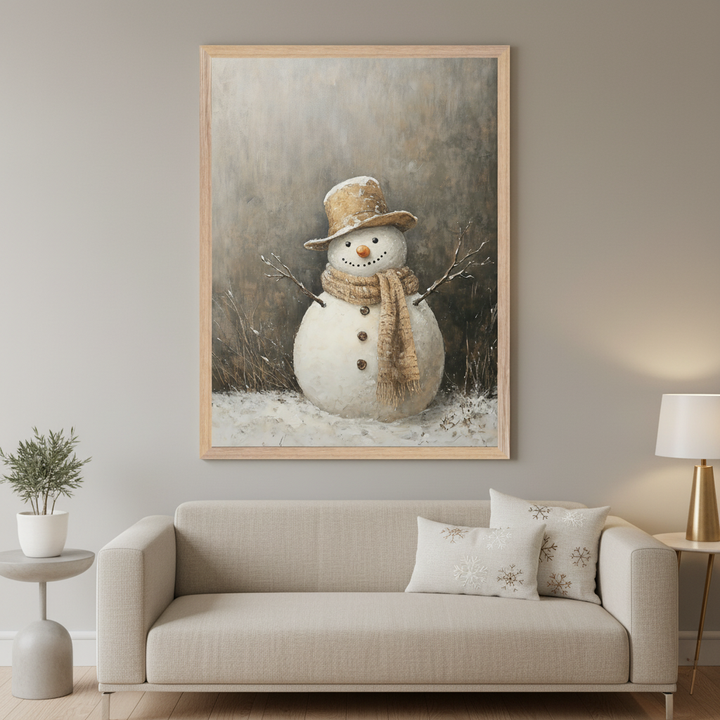 Modern living room with a light beige sofa and side tables. A large framed painting of a snowman with a brown top hat and scarf in a painterly style is centered above the sofa.