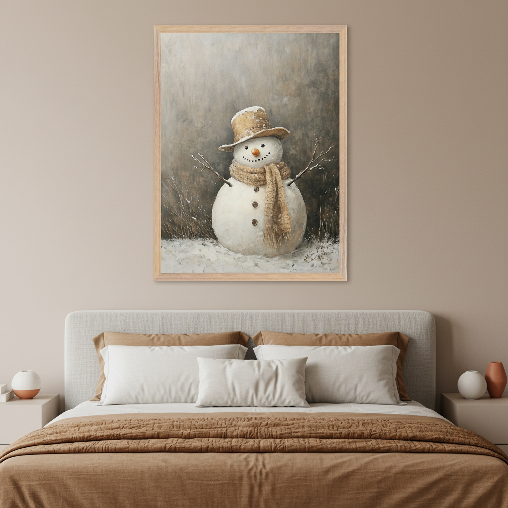 Modern bedroom with a bed and gray headboard. A large framed painting in a rustic painterly style hangs centered above the bed, depicting a snowman wearing a brown top hat and scarf in a snowy setting.