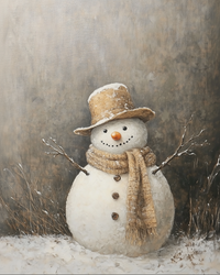 A cheerful snowman with a carrot nose and button eyes stands in a snowy field, wearing a tan scarf and matching top hat. The background features muted brown tones and frosty twigs, giving the scene a cozy, rustic winter charm.
