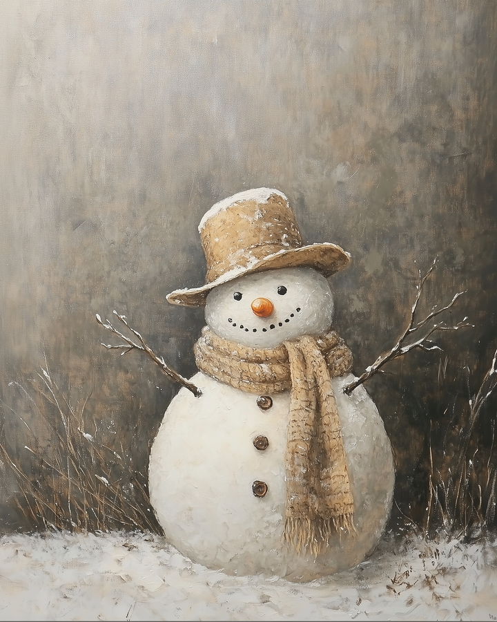 A cheerful snowman with a carrot nose and button eyes stands in a snowy field, wearing a tan scarf and matching top hat. The background features muted brown tones and frosty twigs, giving the scene a cozy, rustic winter charm.
