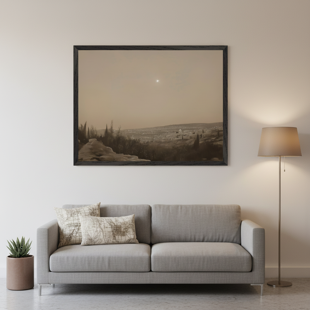 Modern living room with a gray two-seater sofa and throw pillows. A large framed sepia-toned landscape print depicting a city at night under a bright star hangs centered above the sofa. A potted plant sits to the left and a floor lamp stands to the right.