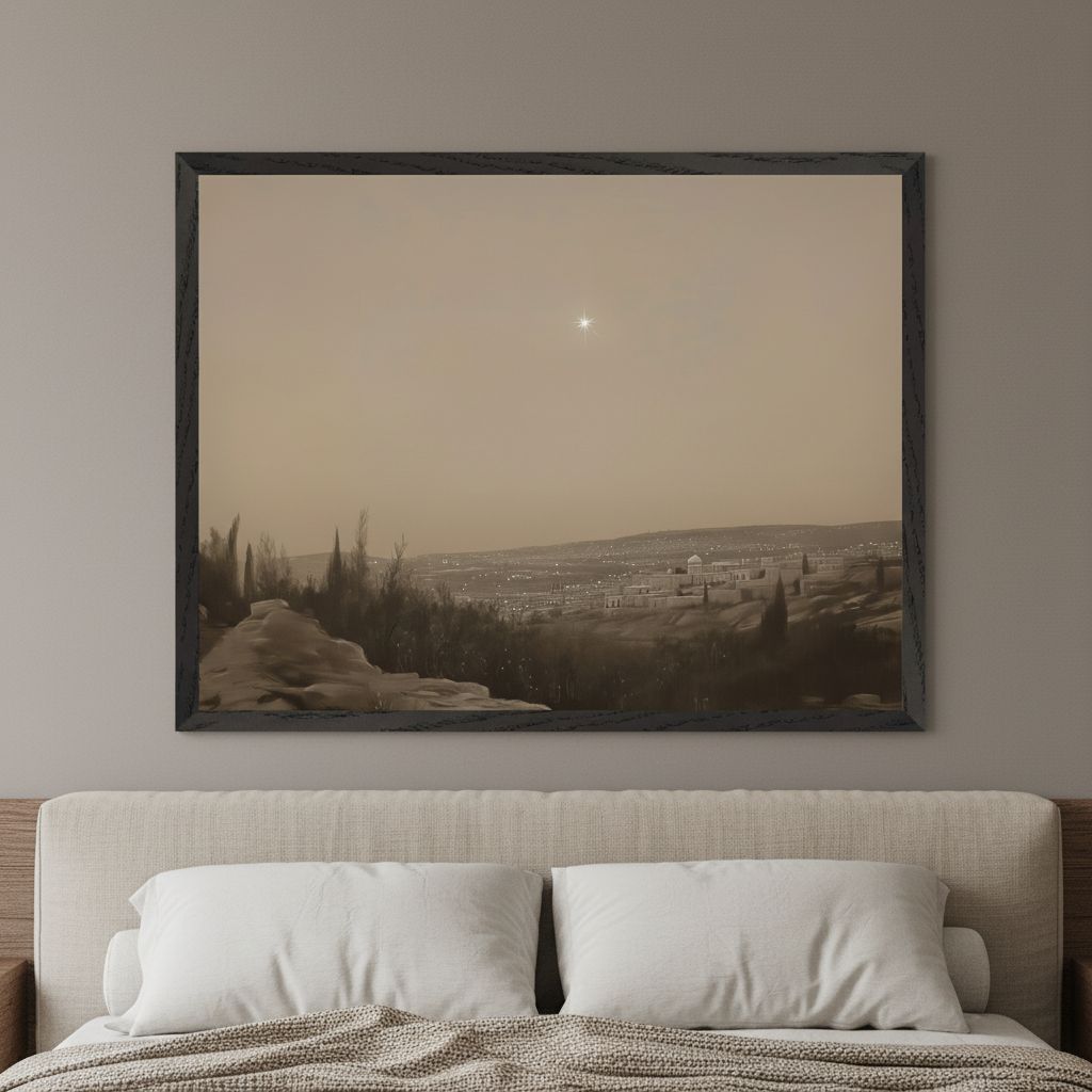 Modern bedroom with a bed and light headboard. A large, dark-framed artwork hangs centered above the bed. The art is a sepia-toned night landscape: a bright star above a lit town, with dark hills and trees in the foreground.