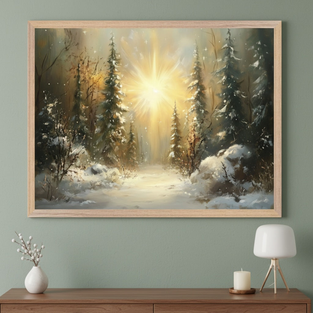 Modern room with a sage green wall and a wooden console table. A large, light wood framed painting of a glowing winter forest path with snow-covered pine trees hangs centered above the table. A vase, candle, and modern lamp are on the table.
