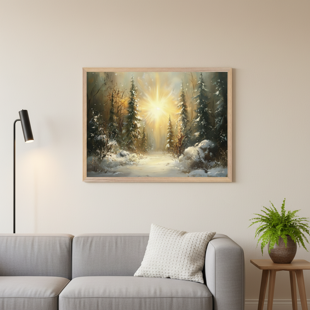 Living room with a gray sectional sofa and a black floor lamp. A framed painting of a snowy winter forest with evergreen trees, a path, and a bright central light source hangs above the sofa. A potted fern sits on a wooden side table.