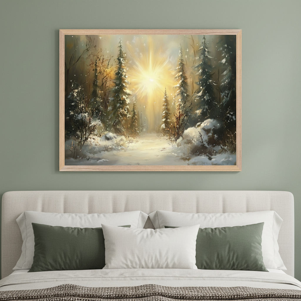 Modern bedroom with a light upholstered bed and tufted headboard. Green and white pillows are on the bed. A large framed painting of a snowy winter forest with a bright light source and pine trees hangs centered above the bed against a sage green wall.