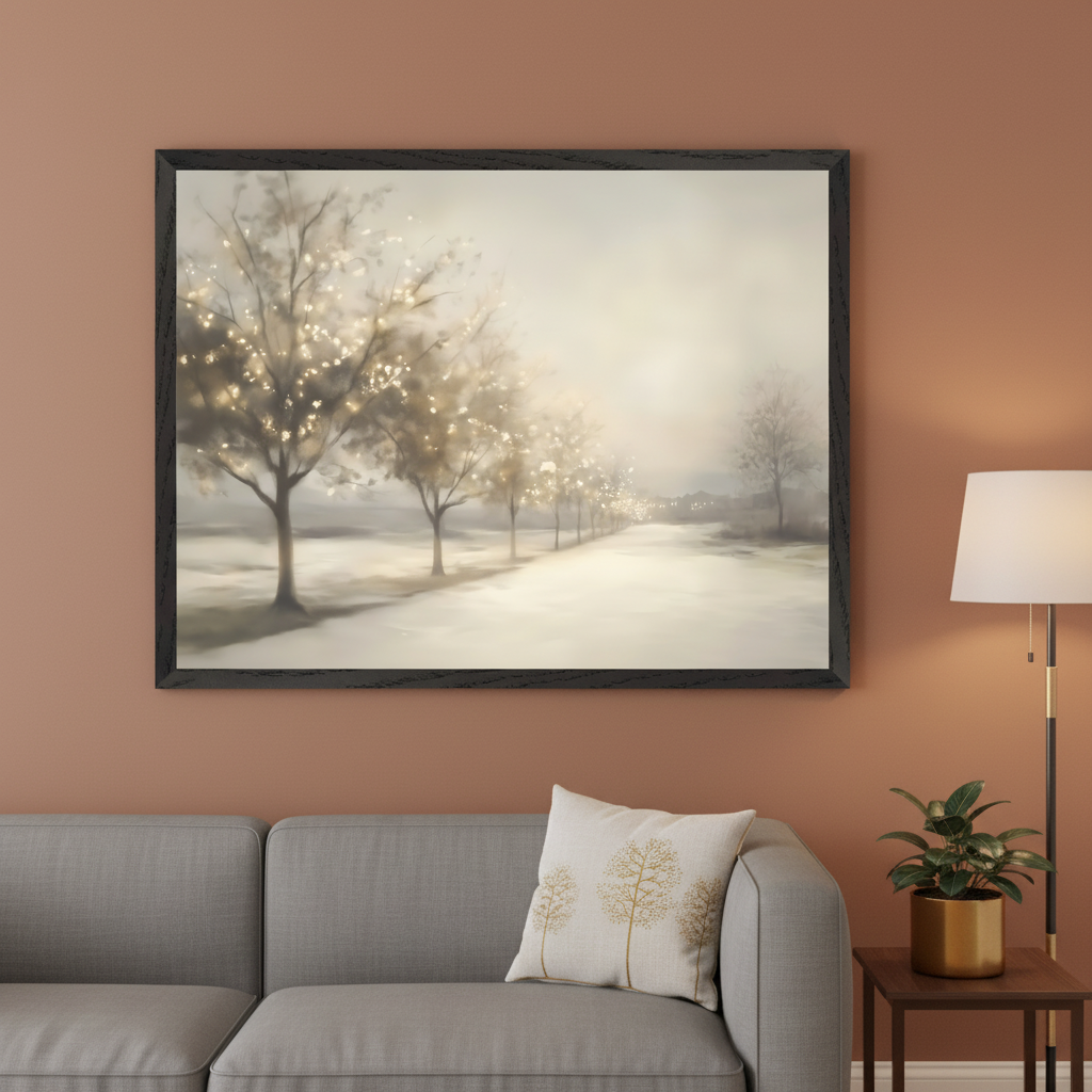 Living room with a gray sectional sofa. A large framed painting of a snowy road lined with trees adorned with warm white lights hangs centered above the sofa. A floor lamp and a plant on a side table are also visible.