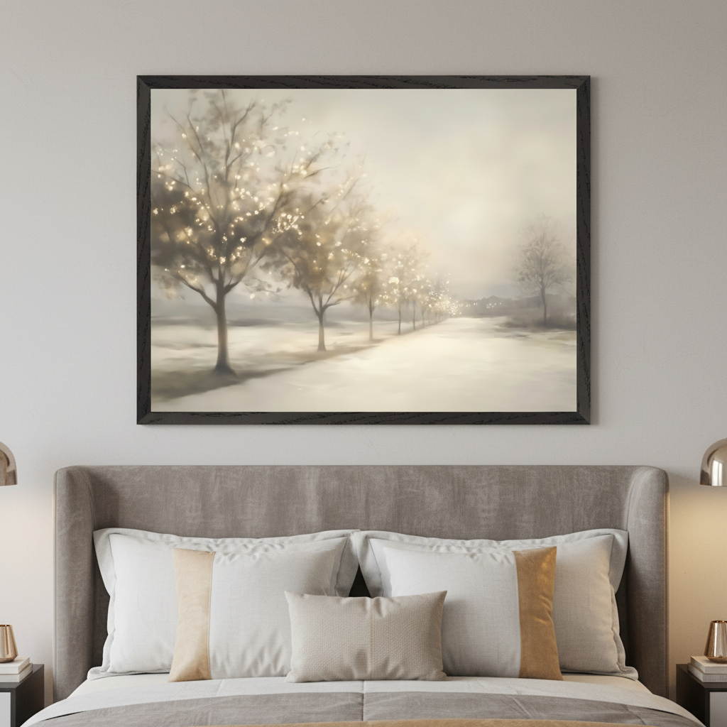 Bedroom with a gray upholstered bed. A large framed painting of a misty path lined with trees adorned with twinkling lights hangs centered above the bed.