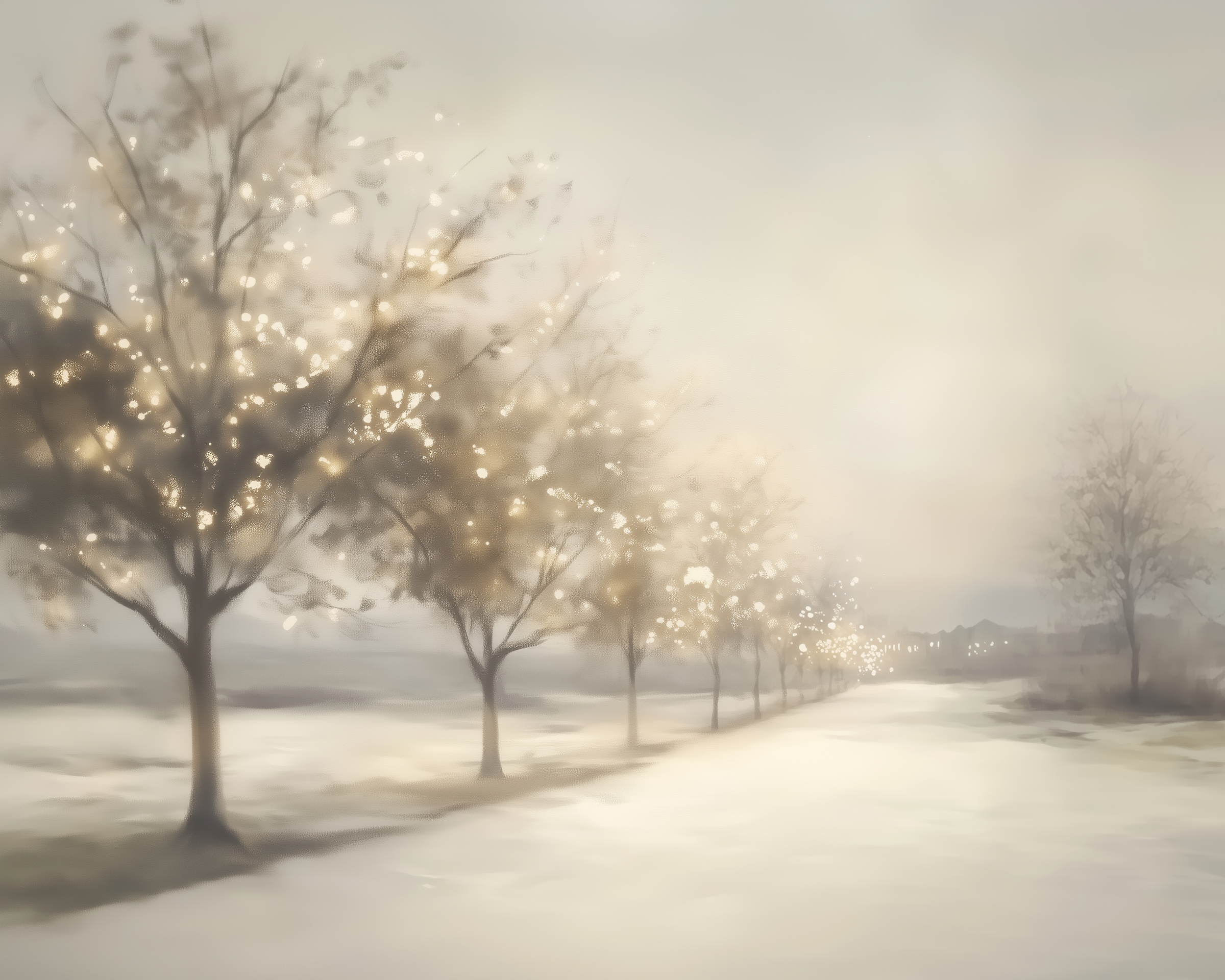 A dreamy winter scene shows a row of softly glowing trees lining a snow-covered path. The lights gently fade into the distance, creating a calm and inviting atmosphere.
