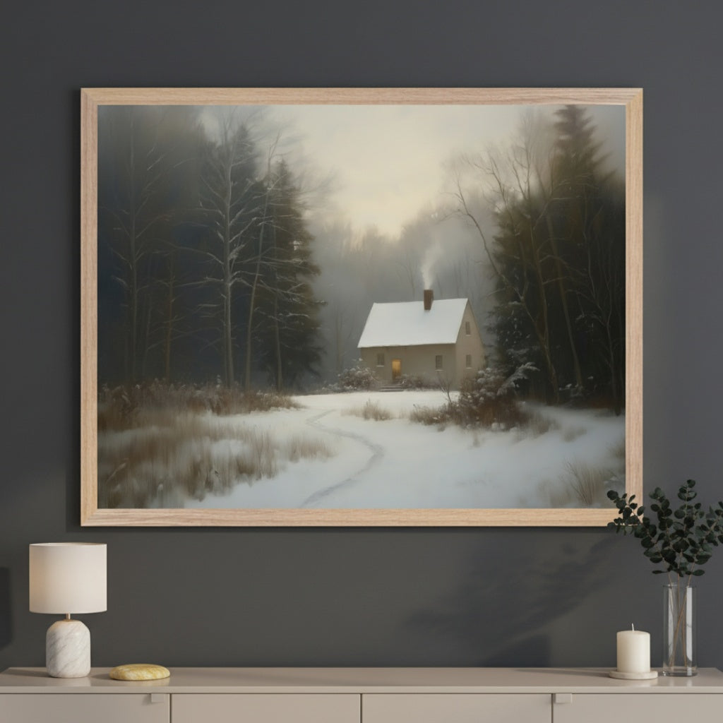 Modern living room with a light gray console table. A large framed painting of a snowy winter landscape with a house and winding path hangs centered above the console table.