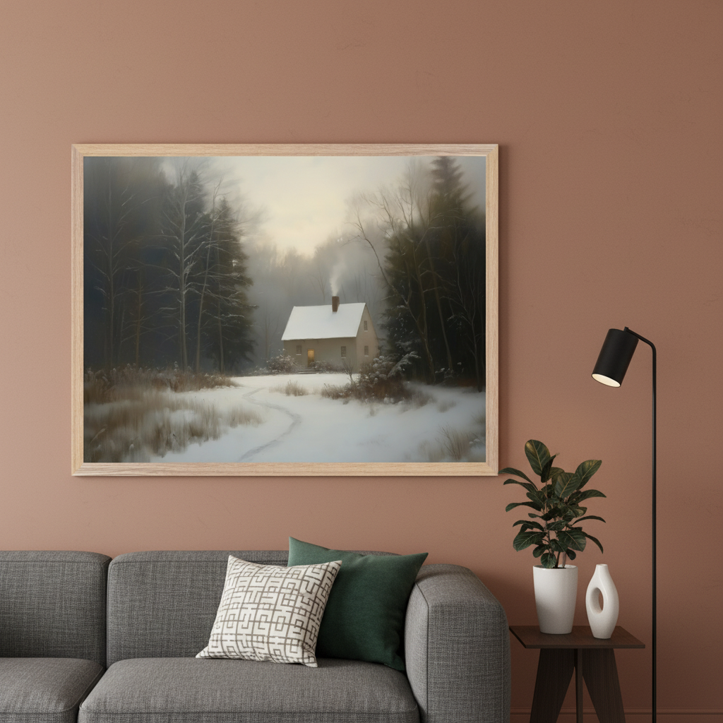 Modern living room with a gray sofa. A large framed painting of a snowy winter landscape with a small cabin, smoke from a chimney, and a winding path hangs above the sofa. A black floor lamp, a potted plant, and a white vase sit on a dark side table to the right.