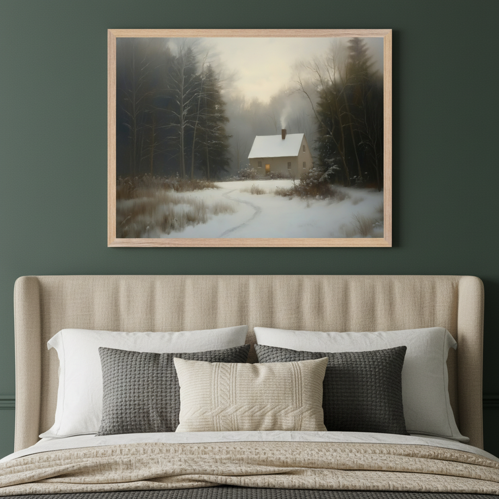 Transitional bedroom with a deep green wall and a beige upholstered bed. A framed painterly winter landscape depicting a house in a snowy forest with a winding path hangs centered above the bed.