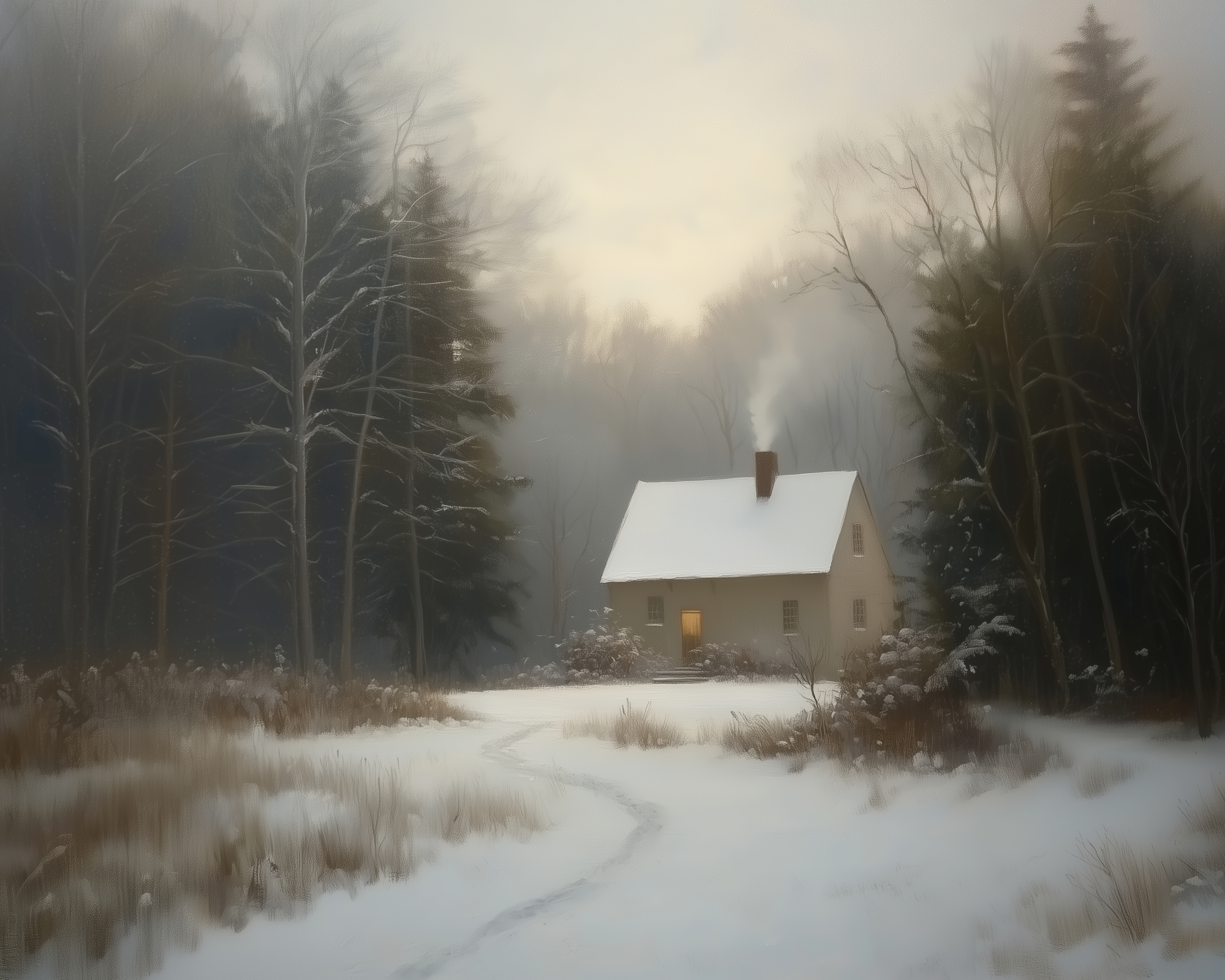 A cozy white cottage sits nestled in a quiet forest clearing, its windows warmly lit and smoke curling from the chimney. Snow blankets the landscape, and a single winding path leads to the front door.
