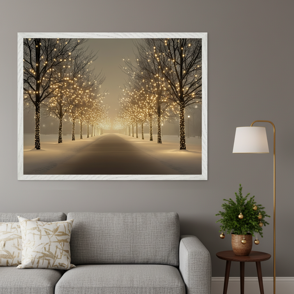 Living room with a grey sofa and gold-patterned pillows. Above the sofa hangs a large framed print of a snowy winter road lined with bare trees illuminated by numerous warm string lights. A gold floor lamp and a small Christmas tree on a side table are to the right.