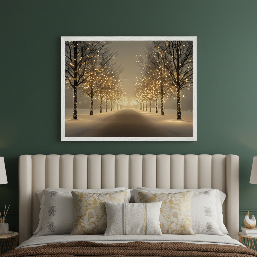Modern bedroom with a dark green wall and a beige padded bed. A large white-framed artwork of a snowy avenue lined with trees covered in warm string lights hangs centered above the bed.