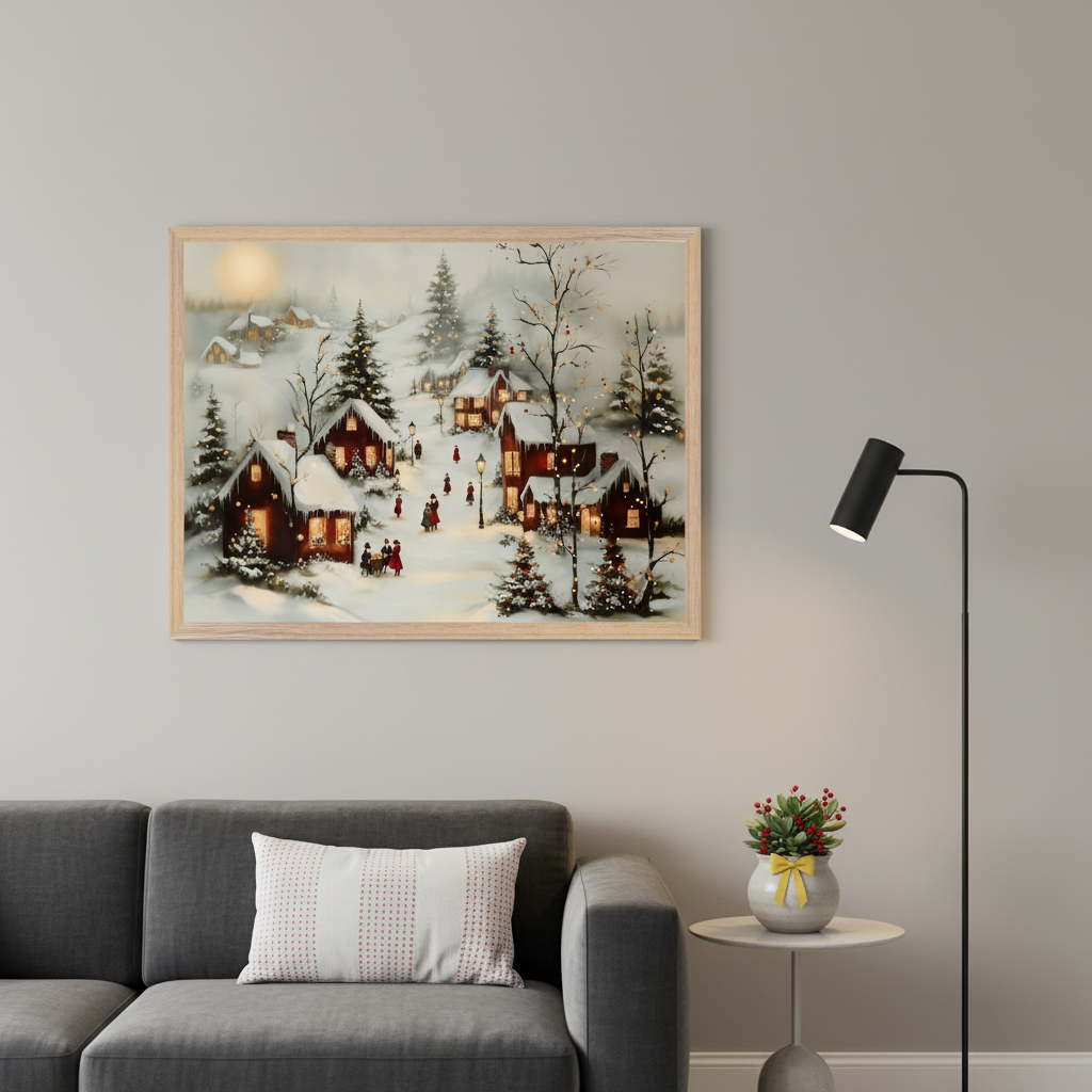 Modern living room with a gray sectional sofa. A framed painting of a snowy Christmas village with illuminated houses and figures hangs above the sofa. A black floor lamp and a side table with a red-berried plant are to the right.