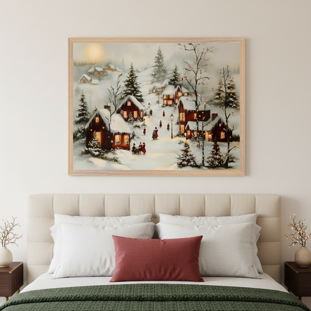 Bedroom with a large bed and padded headboard. A framed painting of a snowy winter village with houses, glowing windows, trees with lights, and people is centered above the bed.