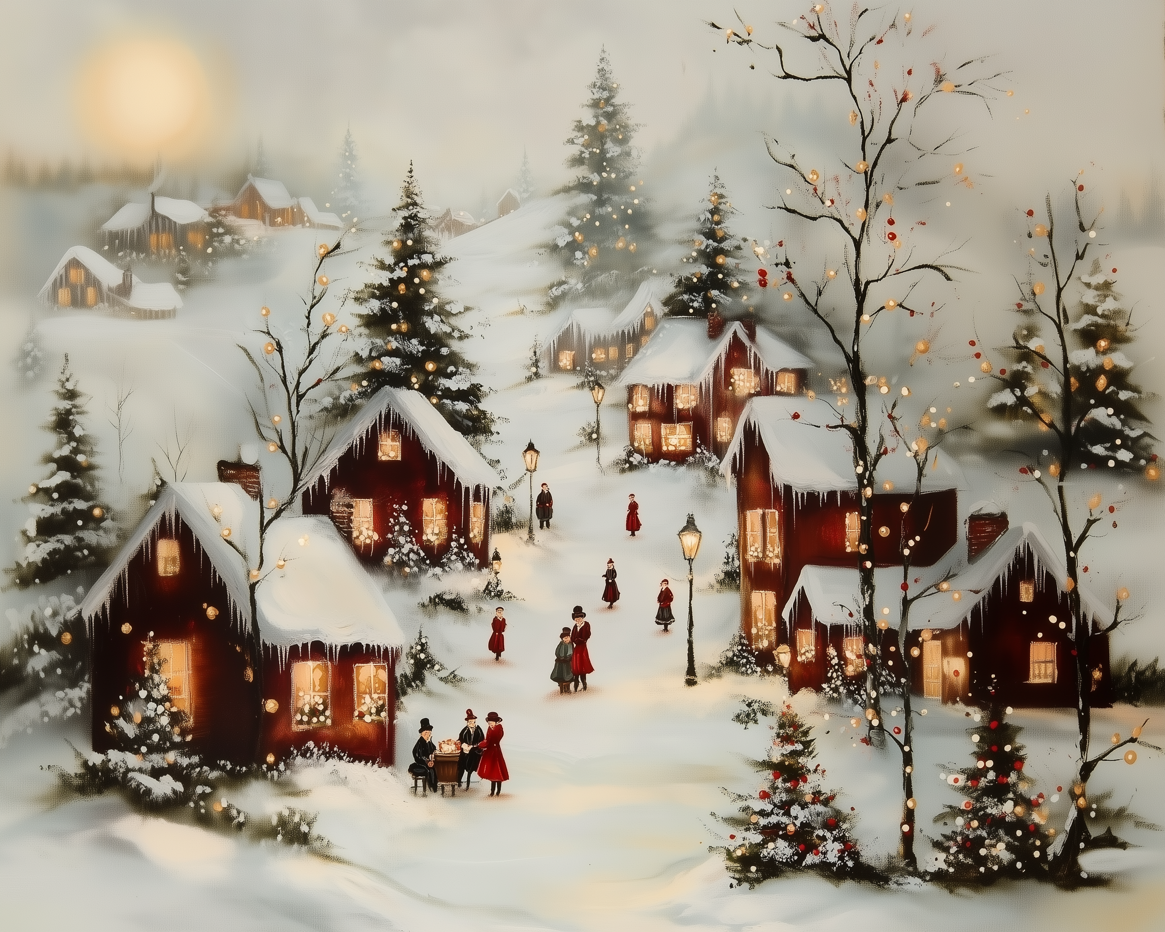 A charming snow-covered village glows with warm lights as people in vintage winter attire stroll between red cottages. Decorated trees and lanterns add to the festive, nostalgic holiday atmosphere.
