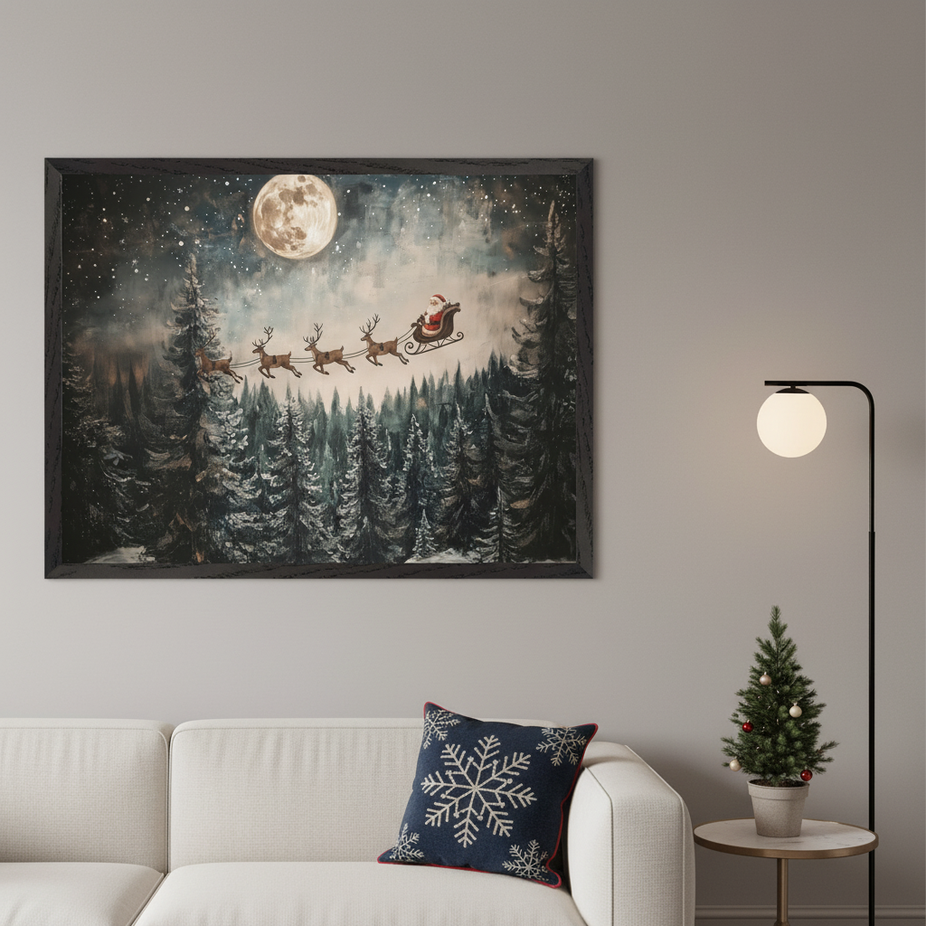 A large framed painting above a white sofa in a modern living room shows Santa and reindeer flying over a snowy forest under a full moon and starry night sky, in a painterly style.