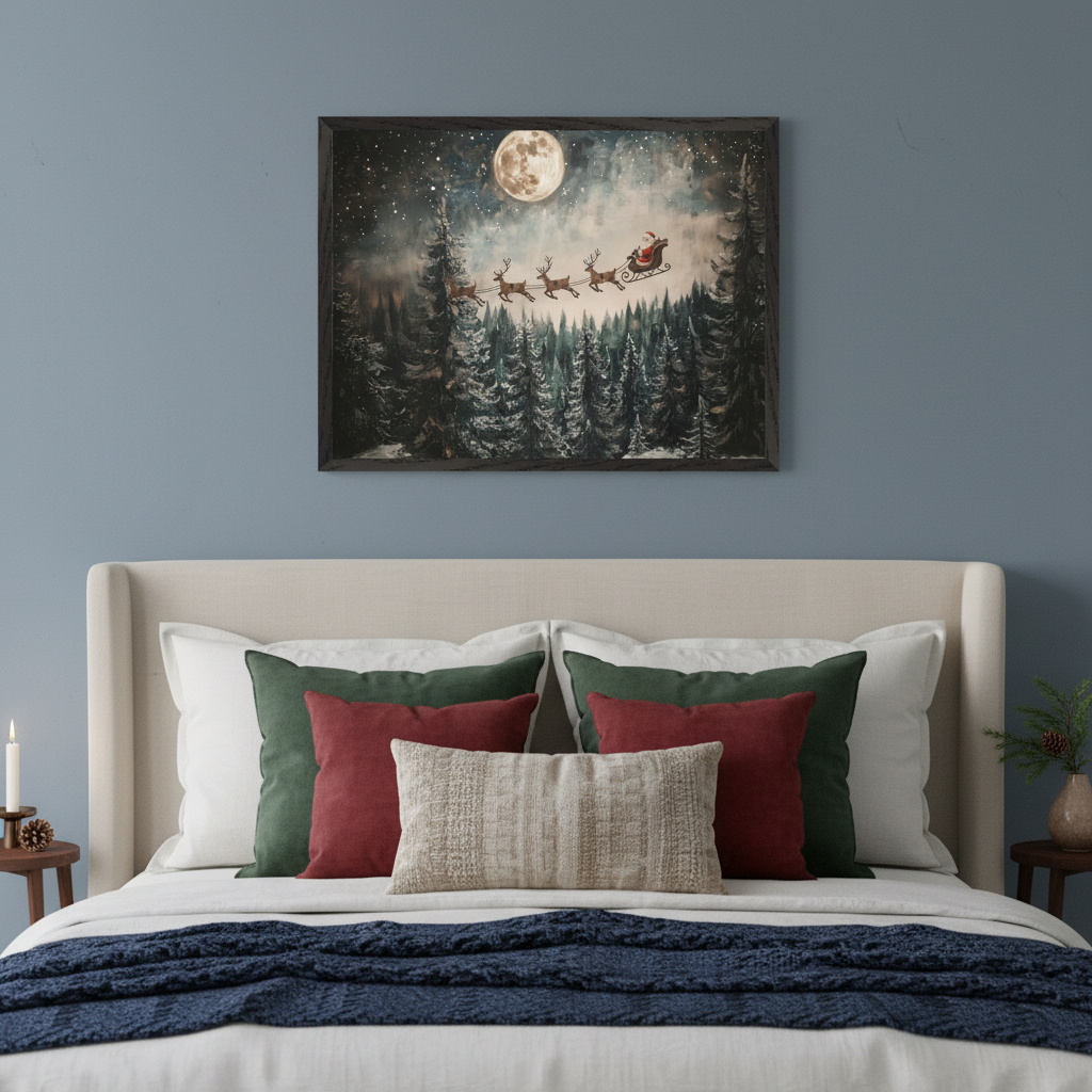 Bedroom with a beige upholstered bed and colorful pillows. A framed Christmas painting hangs above the bed, depicting Santa and reindeer flying a sleigh over a snowy pine forest under a full moon and starry night sky.