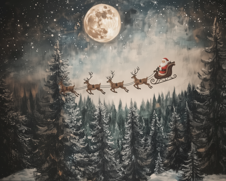 Santa Claus rides his sleigh through a starry night sky, pulled by reindeer in front of a glowing full moon. Snow-covered pine trees frame the magical Christmas Eve scene.
