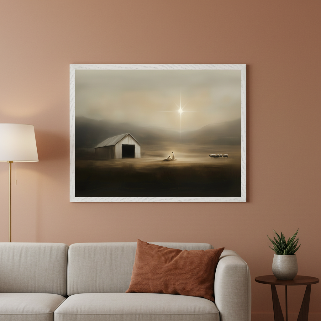Modern living room with a light gray sofa, a floor lamp, and a side table with a plant. Above the sofa hangs a large framed painting depicting a somber Nativity scene with a barn, two kneeling figures under a bright star, and sheep in a misty landscape.