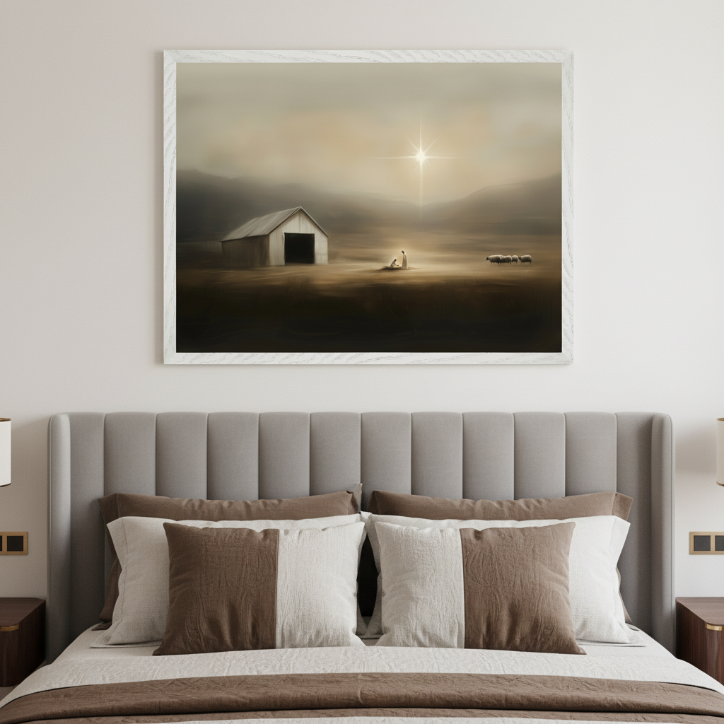 Modern bedroom with a gray upholstered bed. A large framed print of a somber Nativity scene with a barn, kneeling figures, sheep, and a bright star hangs above the bed.