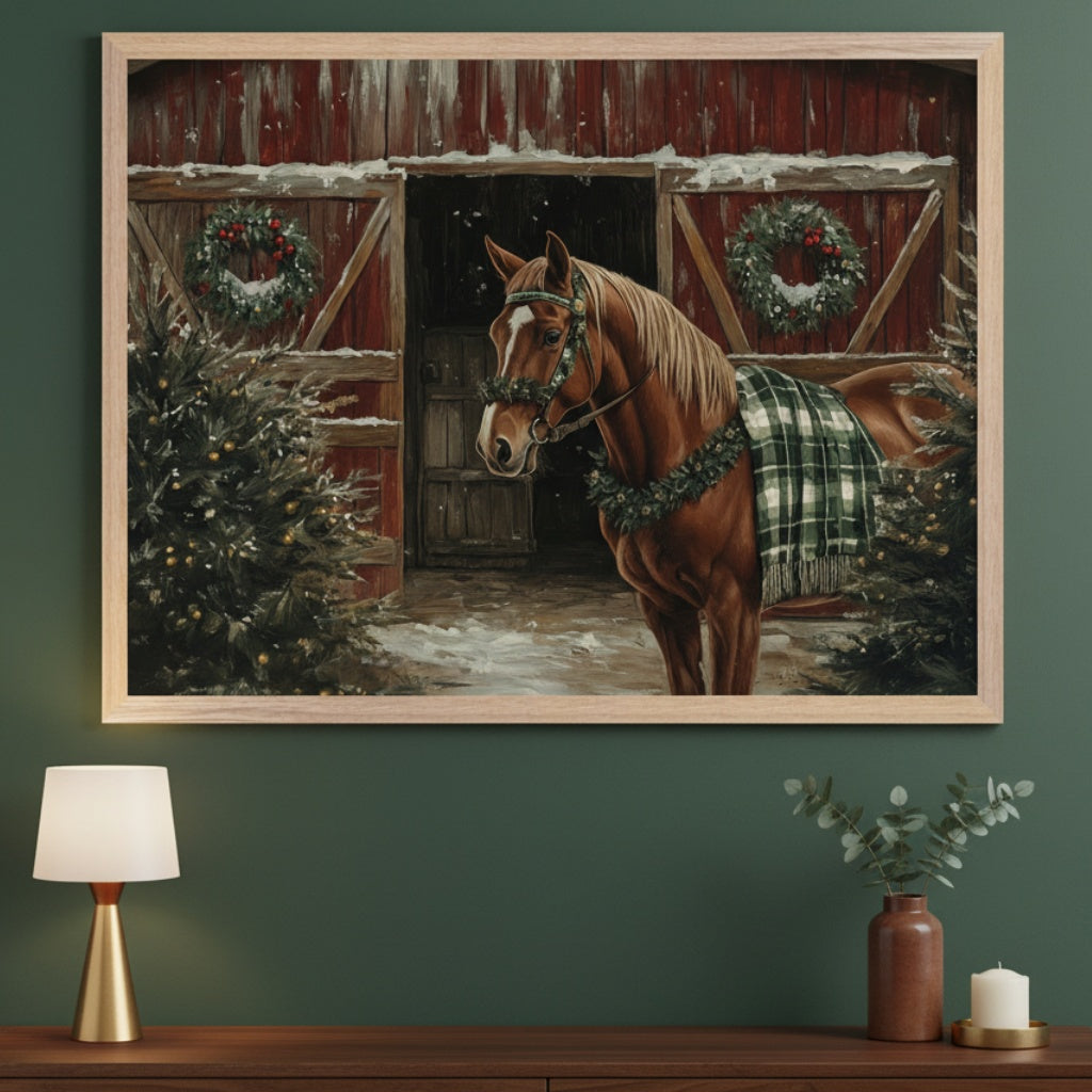 Modern living room with a dark green wall and a wooden console table. A large framed painting of a brown horse wearing a green plaid blanket and Christmas garland, standing in front of a red barn in snow with Christmas trees, hangs centered above the table.