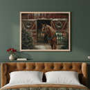 Bedroom with a brown tufted headboard. A large framed painting of a horse wearing a plaid blanket and garland by a snowy red barn with Christmas trees and wreaths hangs above the bed.