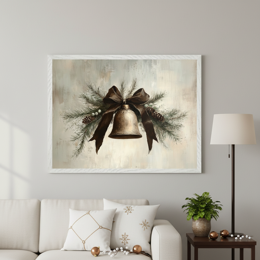 Living room with a white sofa. A large framed painting of an antique bronze bell with a dark brown bow, surrounded by pine branches, pinecones, and berries, hangs above the sofa.