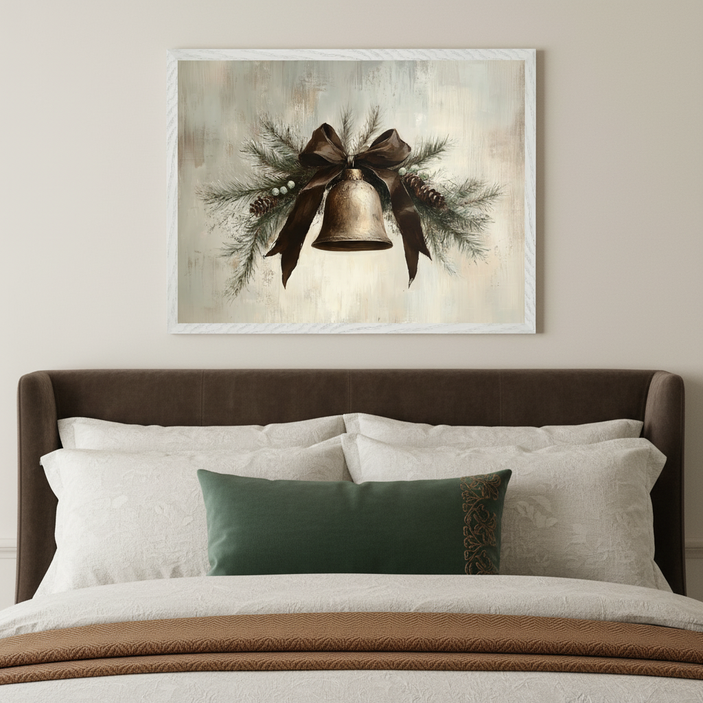 Bedroom with a dark brown upholstered bed and white bedding. A large framed painting, featuring a bronze bell with a dark brown bow, pine branches, pinecones, and white berries on a neutral background, hangs centered above the bed.